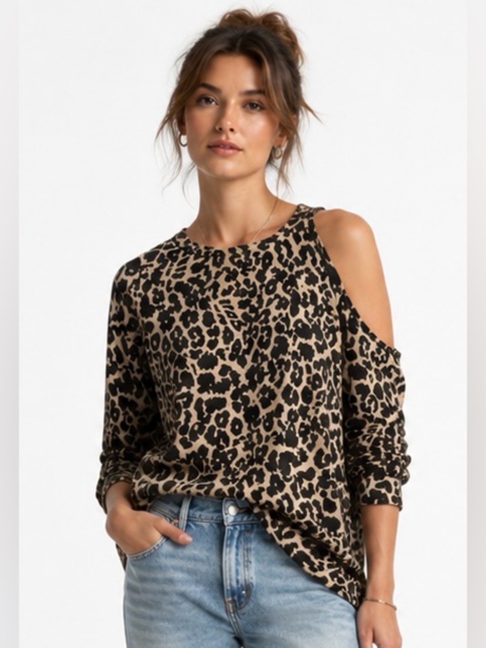 LNA Leopard Print Cold Shoulder Sweatshirt Pullover Top Long Sleeve Soft Knit